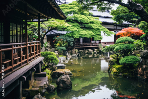 Japanese garden with pond in Kyoto  Japan. Beautiful japanese garden.