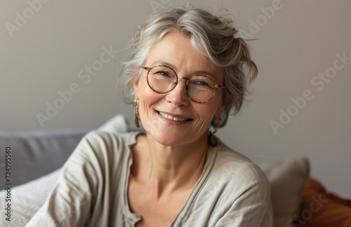 smiling senior woman sitting on a couch at home