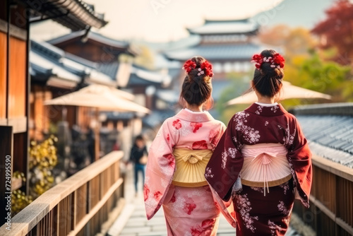 Back view of two girls in kimono walking on the street in Japan