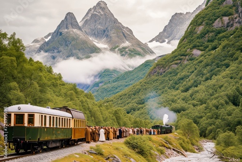 Vintage steam train traveling through a lush green valley with towering mountain peaks in the background, invoking a sense of adventure and nostalgia.