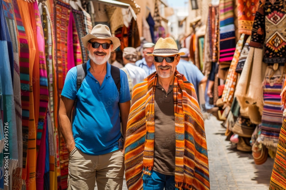 Two smiling tourists shopping and exploring a vibrant local market with traditional textiles and colorful surroundings.