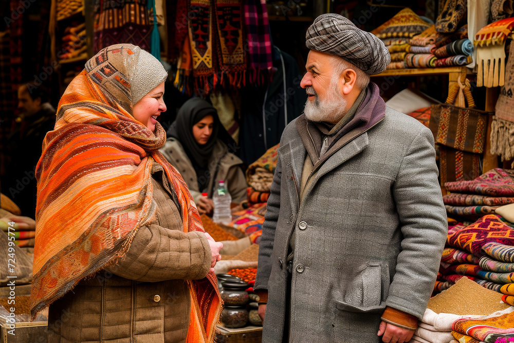A young woman and a senior man smiling and conversing warmly at a traditional market stall surrounded by colorful textiles.