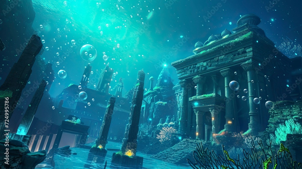 Enigmatic Underwater Ruins in a Mystical Anime World - obrazy, fototapety, plakaty 