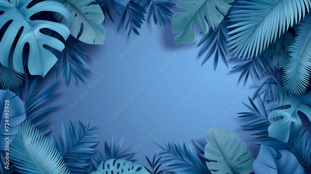 Layered Tropical Leaf Paper Sculptures on Vector Blue