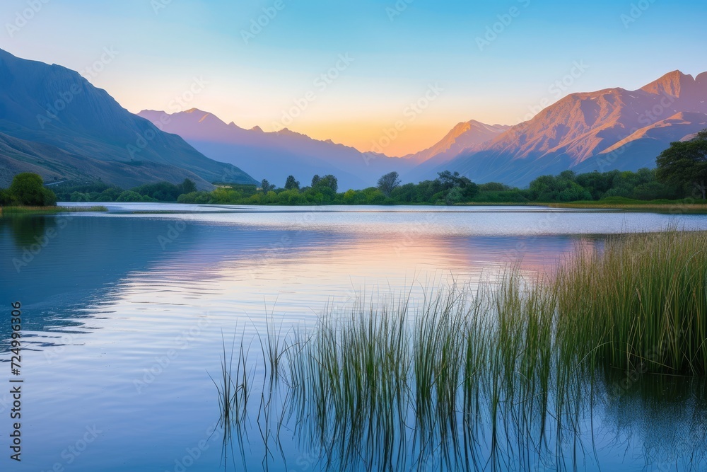 Serene landscape of a tranquil lake with mountains in the background during sunrise