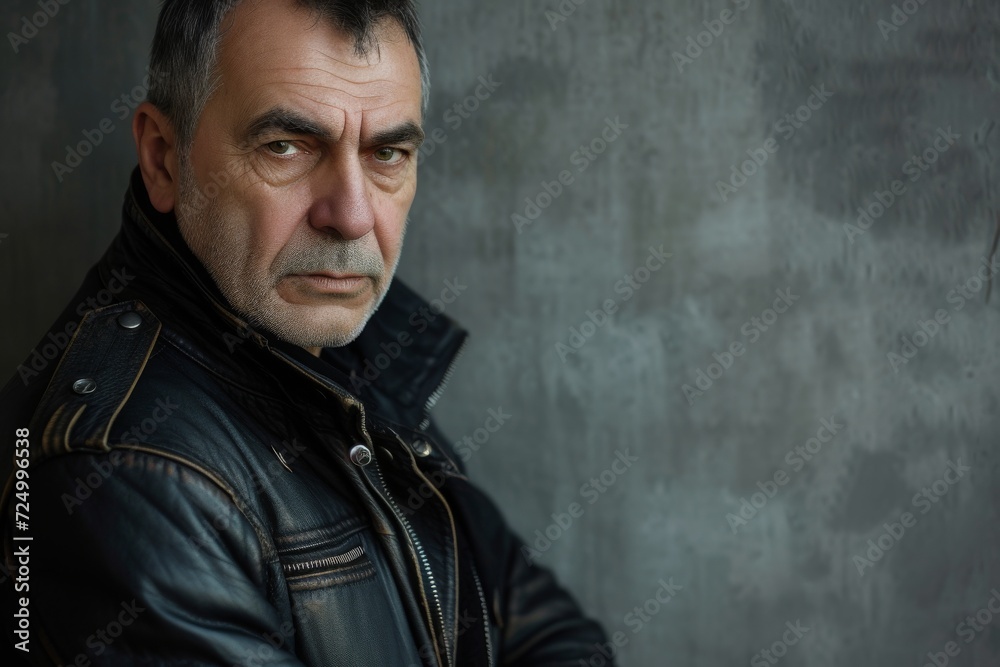 Studio portrait of a middle-aged man in a biker jacket, exuding a sense of freedom and rebellion, against an urban, gritty background