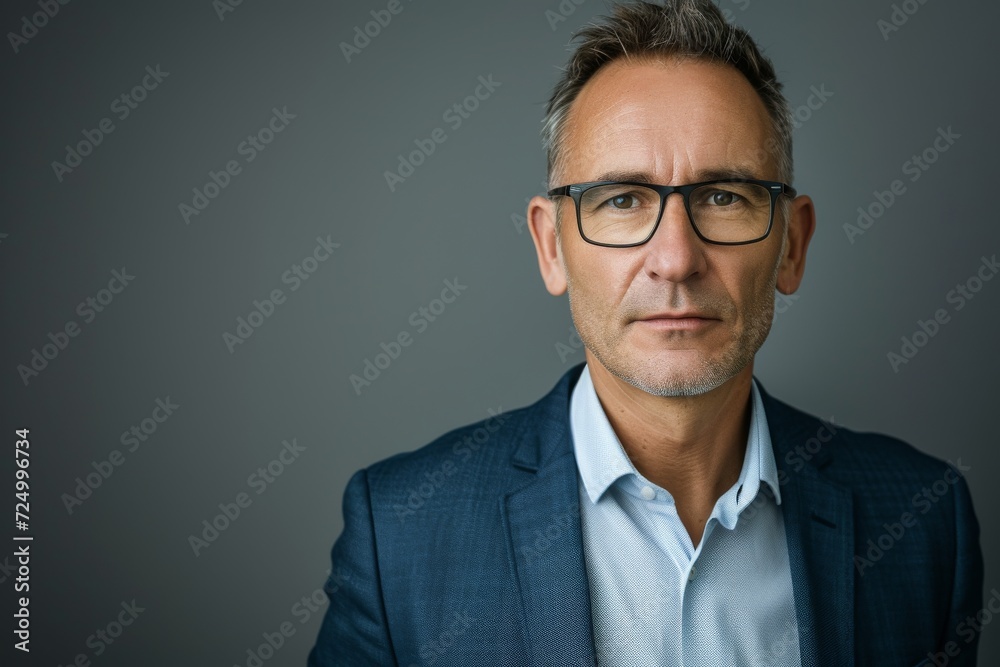 Studio portrait of a middle-aged man with glasses, in professional business attire, conveying expertise and confidence, on a grey background Studio portrait of a middle-aged man with glasses, in professional business attire, conveying expertise and confidence, on a grey background