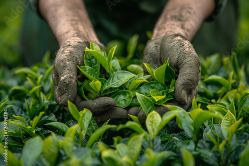 Hands of plantation worker harvesting tea photo