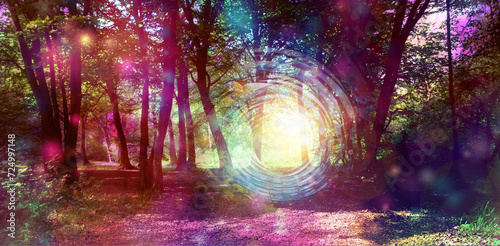 Metaphysical Energy Portal in Beautiful Ethereal Woodland Copse - surreal colourful woods with a bright spiralling energy light  portal between the trees and copy space  © Nikki Zalewski