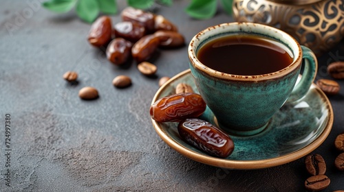 Cup of coffee and dry dates on saucer ready to eat for iftar time. Islamic religion and ramadan concept. © Zahid