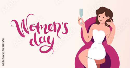 Women's day party web banner. Girl with glass of champagne. Invitation with number 8. Hand lettering