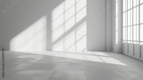 Empty gray studio room with abstract white background and blurred backdrop for product presentation  featuring window shadows. 