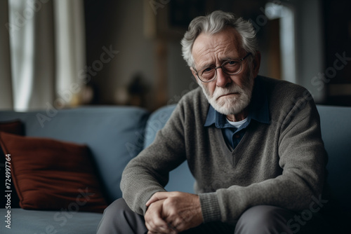 A sad, tired, sick, lonely, disappointed elderly man is sitting on a couch