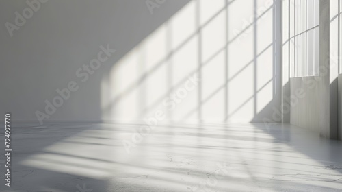 Empty gray studio room with abstract white background and blurred backdrop for product presentation, featuring window shadows. 