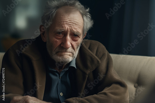 A sad, tired, sick, lonely, disappointed elderly man is sitting on a couch © Olivia
