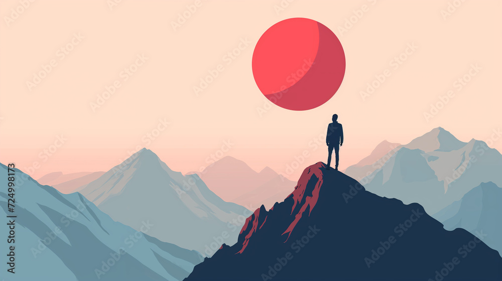 Man Standing on Mountain Peak With Red Ball Above His Head
