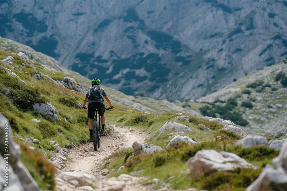 A person riding a bicycle on a mountain trail