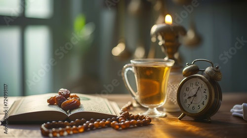 Iftar time cincpet. Kurma or dates fruit with glass of water, holy Quran, alarm clock showing 6 o'clock and prayer beads on the table. --ar 16:9 --v 6 Job ID: 74892f93-4385-4cfb-a858-de29ce14e761