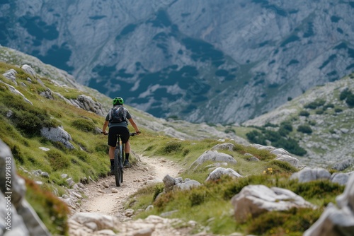 A person riding a bicycle on a mountain trail