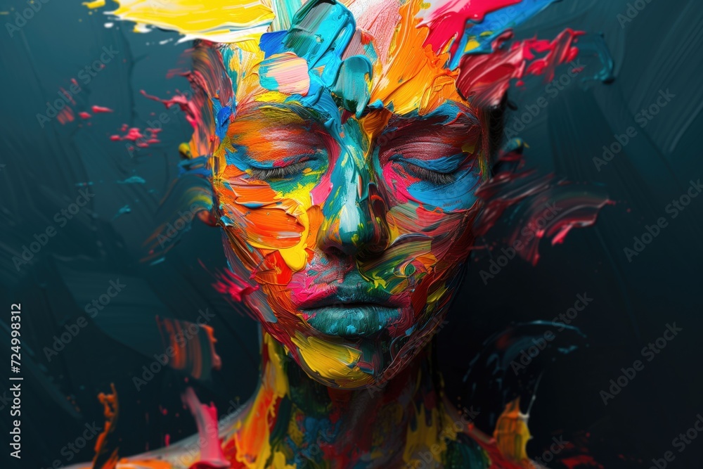 Portrait of a woman made of different emotions and colors flow and mix with each other