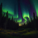 Northern lights, Aurora borealis in the night sky in the forest. Landscape with polar lights.