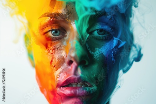 Portrait of a woman made of different emotions and colors flow and mix with each other