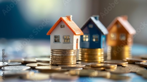 The house stands on coins and money . Bid. Saving money to buy new house. High rent price or home insurance