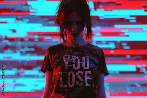 A fashion gamer beautiful girl wearing a t-shirt with the words you louse with a style of glitchcore and virtual reality