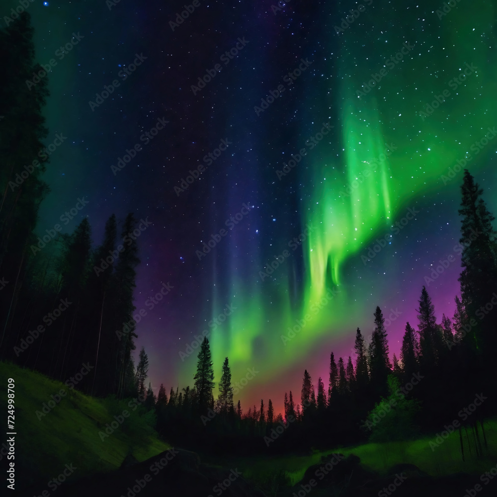 Northern lights, Aurora borealis in the night sky in the forest ...