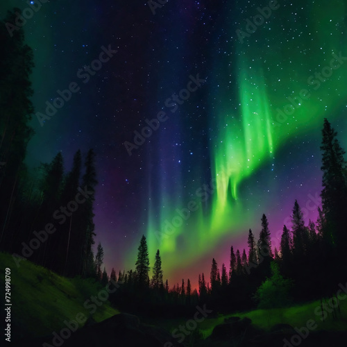 Northern lights, Aurora borealis in the night sky in the forest. Landscape with polar lights.