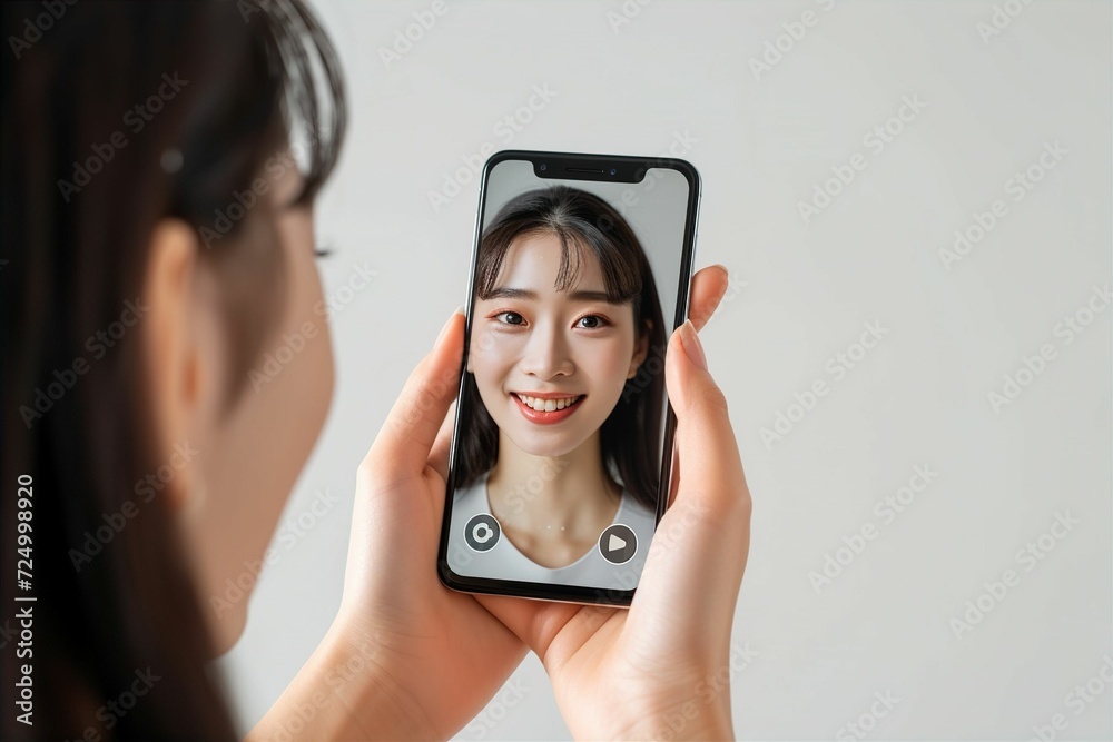 ビデオ電話をしている携帯を手に持った写真(ライブ配信・ビデオ通話・リモート) ビデオ電話をしている携帯を手に持った写真(ライブ配信・ビデオ通話・リモート)