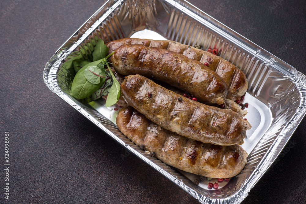 Delivery of delicious sausages. Close up Delivery of delicious sausages. Close up