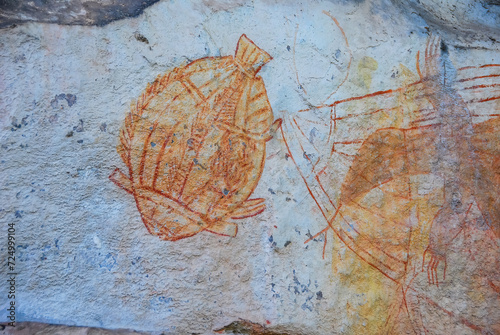 Close up view of 30,000 year old Aboriginal rock paintings of fish catch at Ubirr rock art site in Kakadu National Park, Northern Territory, Australia photo