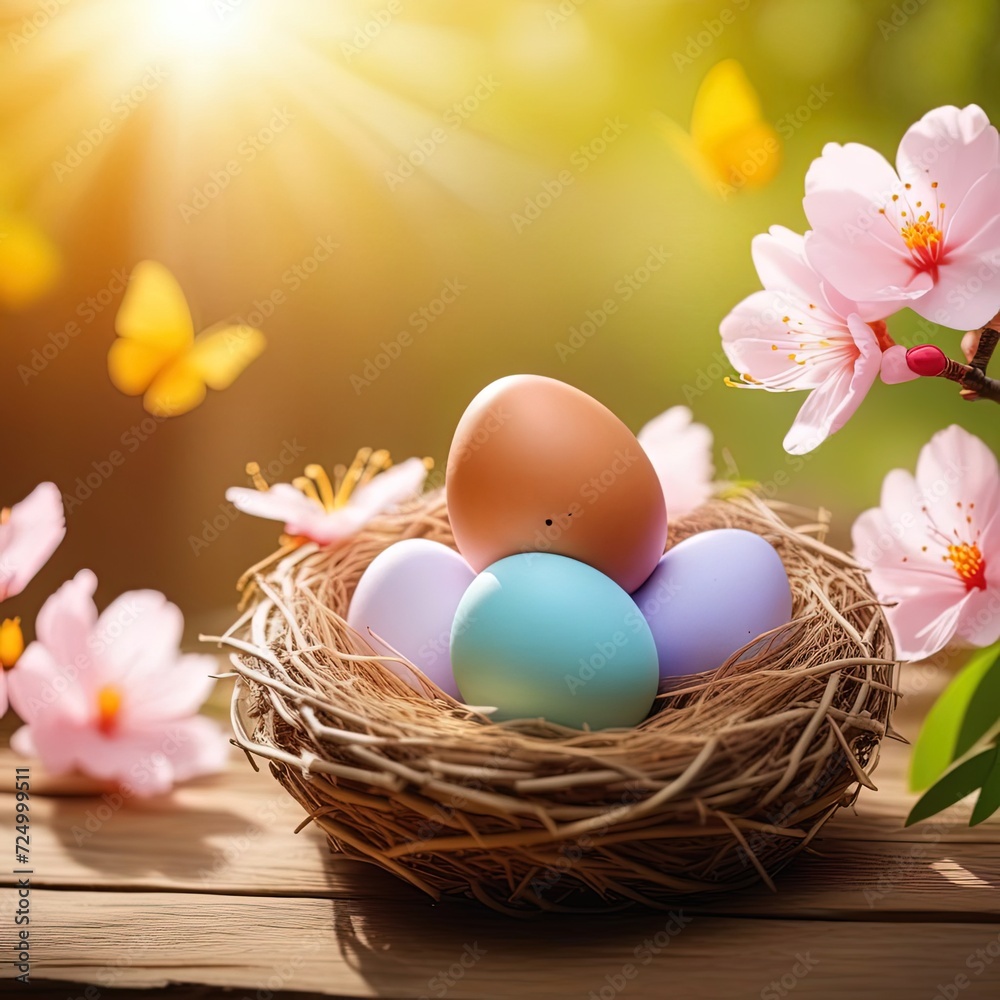 Happy Easter concept with easter eggs in nest and spring flowers. Easter background with copy space. Happy Easter concept with easter eggs in nest and spring flowers. Easter background with copy space.