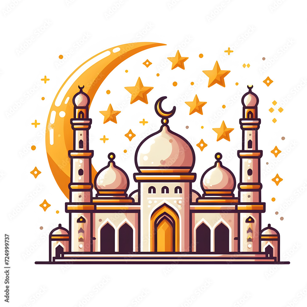 Ramadan eid festival Illustration of 2d mosque moon minar star background