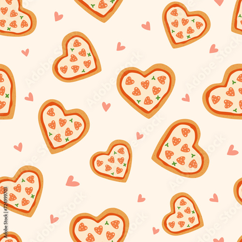 Pizza heart seamless pattern in pink and beige colors for Valentines day. Vector romantic repeat background, lovely print, cute slice of pizza, funny wallpaper, textile design, tasty food illustration
