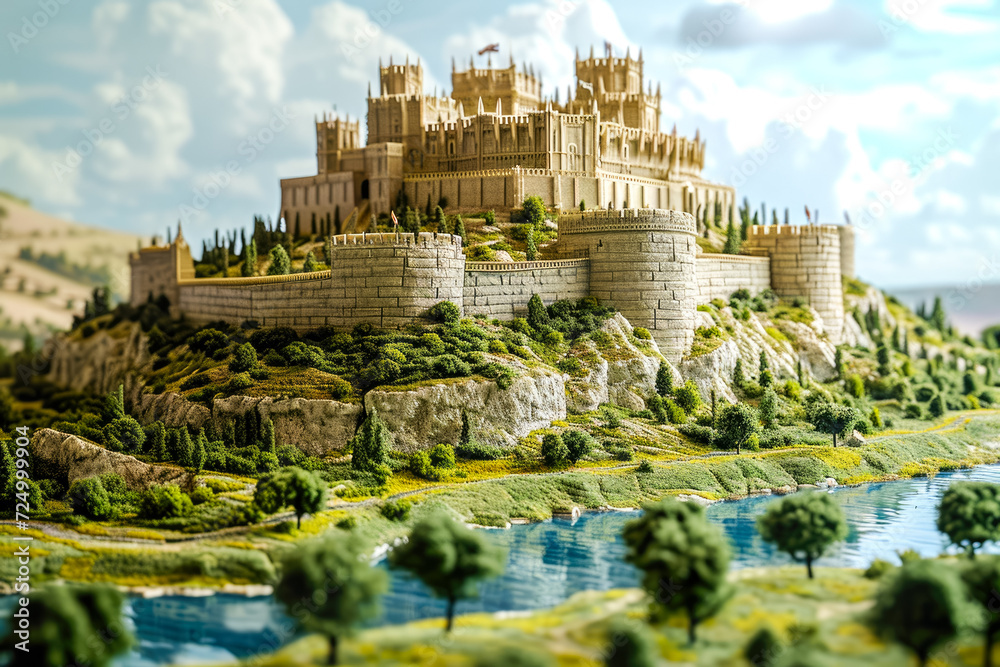 Generate a relief of a castle on a hill with a moat in the foreground