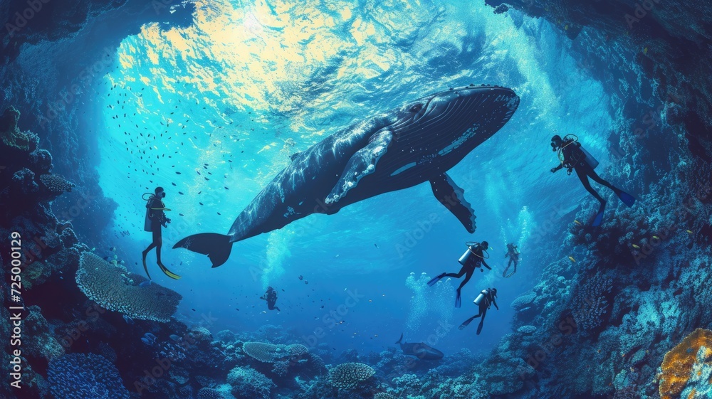 a group of scuba diving student in tropical ocean coral reef sea under water with big whale - obrazy, fototapety, plakaty 