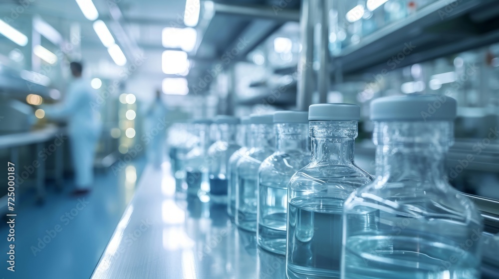 Close-up of glass vials in research chemistry science lab. Development and production of innovative medicines and vaccines for pandemic treatment. Close-up of glass vials in research chemistry science lab. Development and production of innovative medicines and vaccines for pandemic treatment.