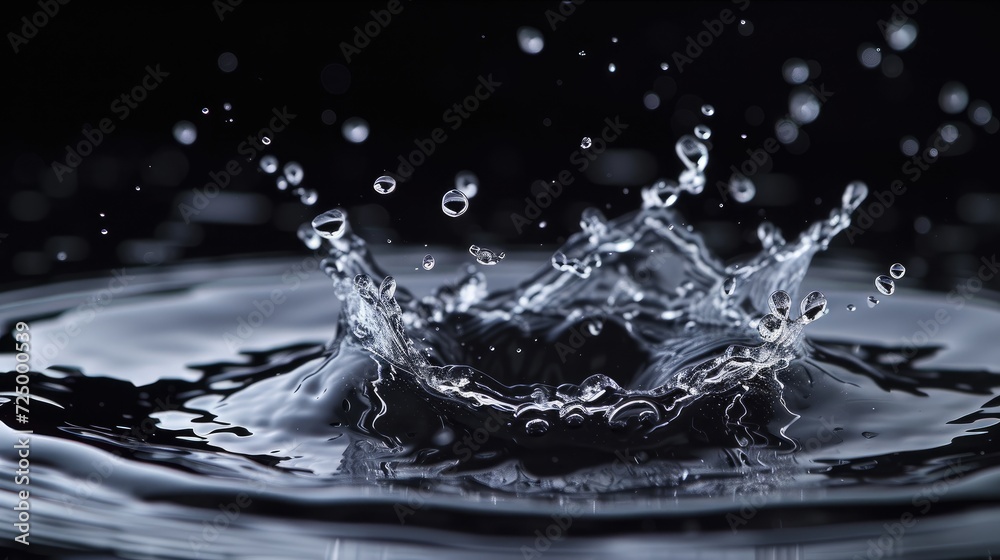 dance of a single droplet creating intricate ripples on a mysterious black canvas.