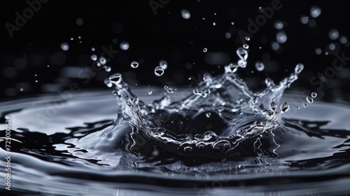 dance of a single droplet creating intricate ripples on a mysterious black canvas.