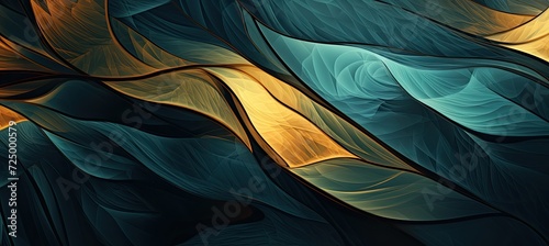 Dark turquoise and light gold abstract leaves wallpaper design © tydeline