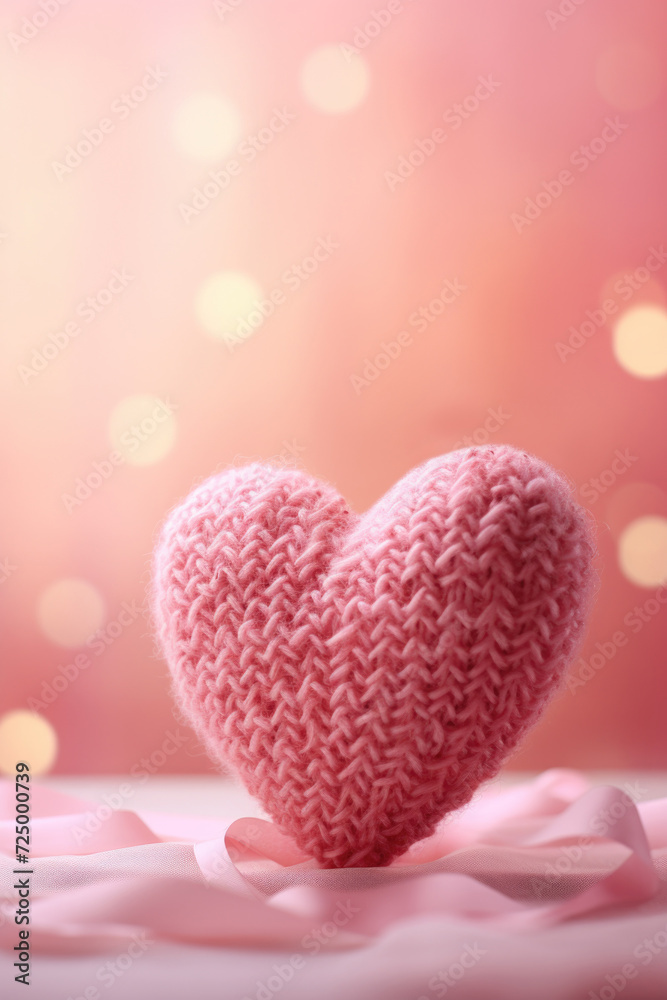 Pink knitted heart on soft background, Valentine's day card