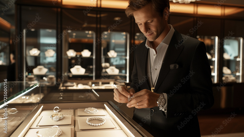 new customer at a high-end jewelry store, inspecting a sparkling diamond necklace under the sophisticated lighting of the store