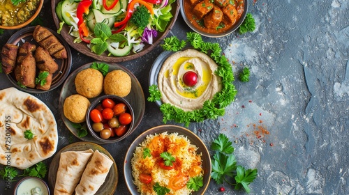 Middle eastern or arabic dishes and assorted meze on concrete rustic background. Meat kebab, falafel, baba ghanoush, hummus, sambusak, rice, tahini, kibbeh, pita. Halal food. Space for text. Top view  photo