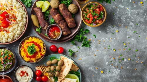 Middle eastern or arabic dishes and assorted meze on concrete rustic background. Meat kebab, falafel, baba ghanoush, hummus, sambusak, rice, tahini, kibbeh, pita. Halal food. Space for text. Top view 