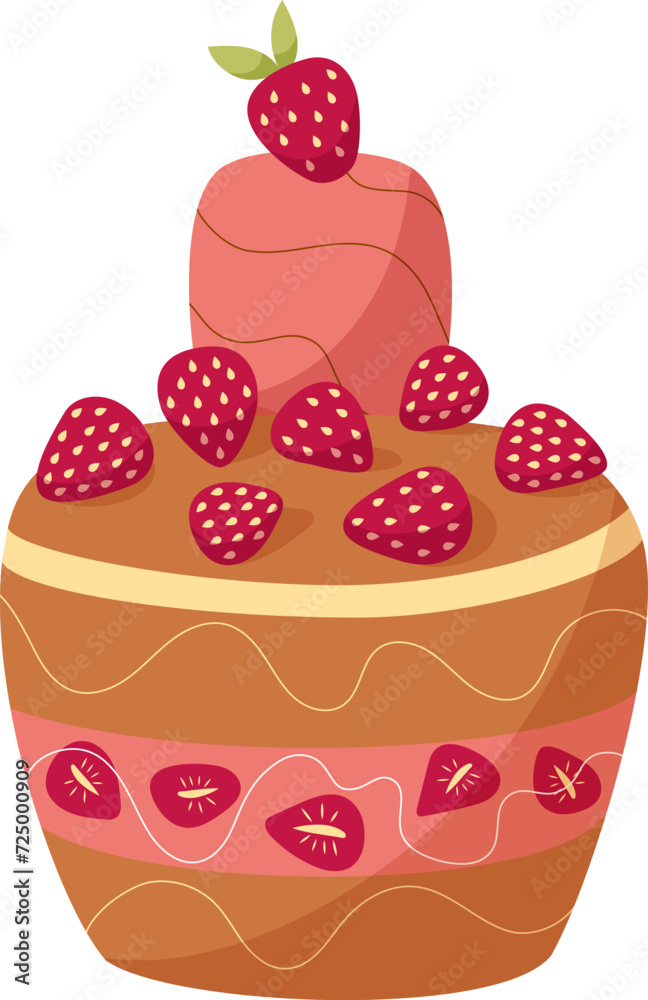 Naklejka premium Hand draw sweet chocolate birthday cake with strawberry isolated on white background. Cute vector illustration in cartoon style. Pink, brown, red colors.Doodle style. Cake icon. Celebration, party.