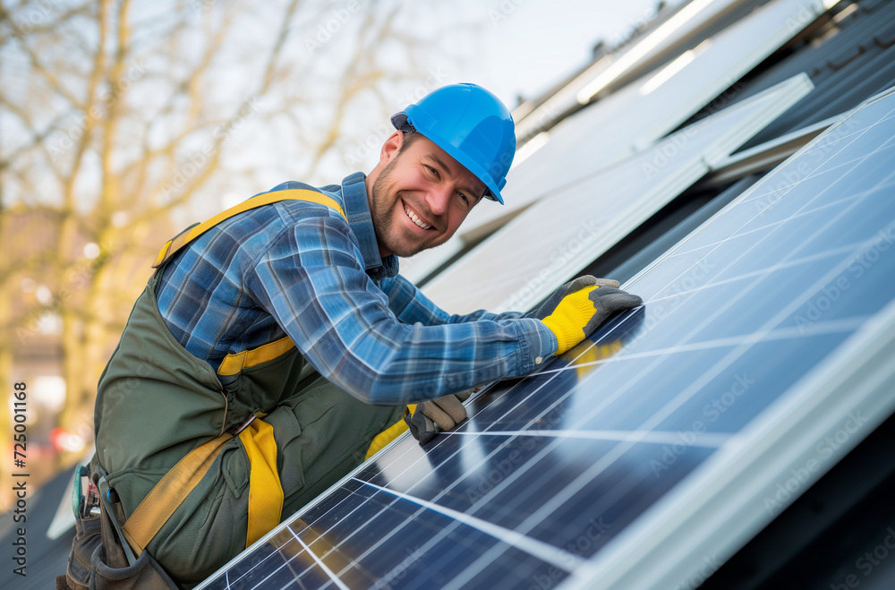 smiling Electrician works on a solar cell on a house roof smiling Electrician works on a solar cell on a house roof