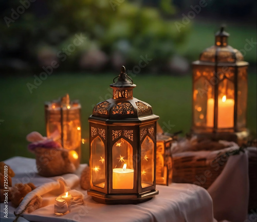 Arabic Lanterns with burning candles on a table in the garden. Ramadan Kareem background. © Arda ALTAY