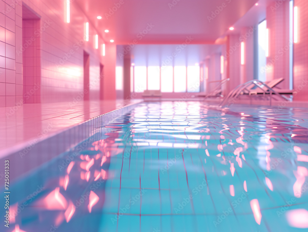 Swimming pool with pink light reflections, close-up of water surface